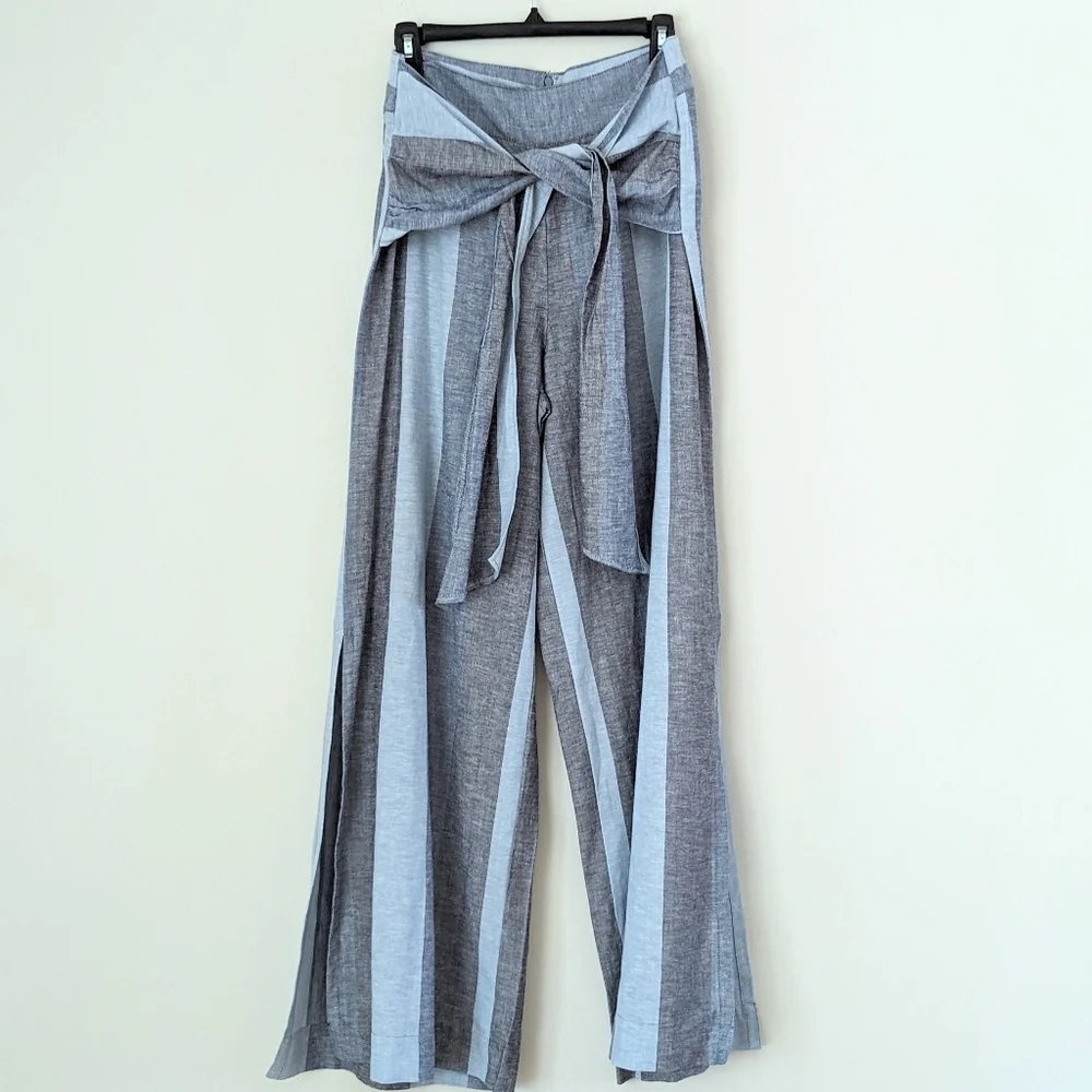 Venus Blue Stripe Wide Leg Light Airy Cotton Blend Pants, Tie Front Detail, 8 - Picture 1 of 7